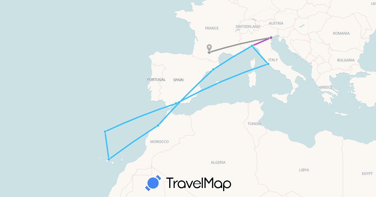 TravelMap itinerary: driving, plane, train, boat in Spain, France, Italy, Morocco, Portugal (Africa, Europe)